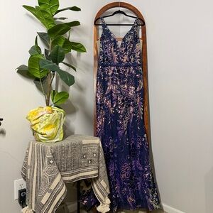 Cinderella Divine 14 Blue Iridescent Floral Sequin Full Length Gown Style J797